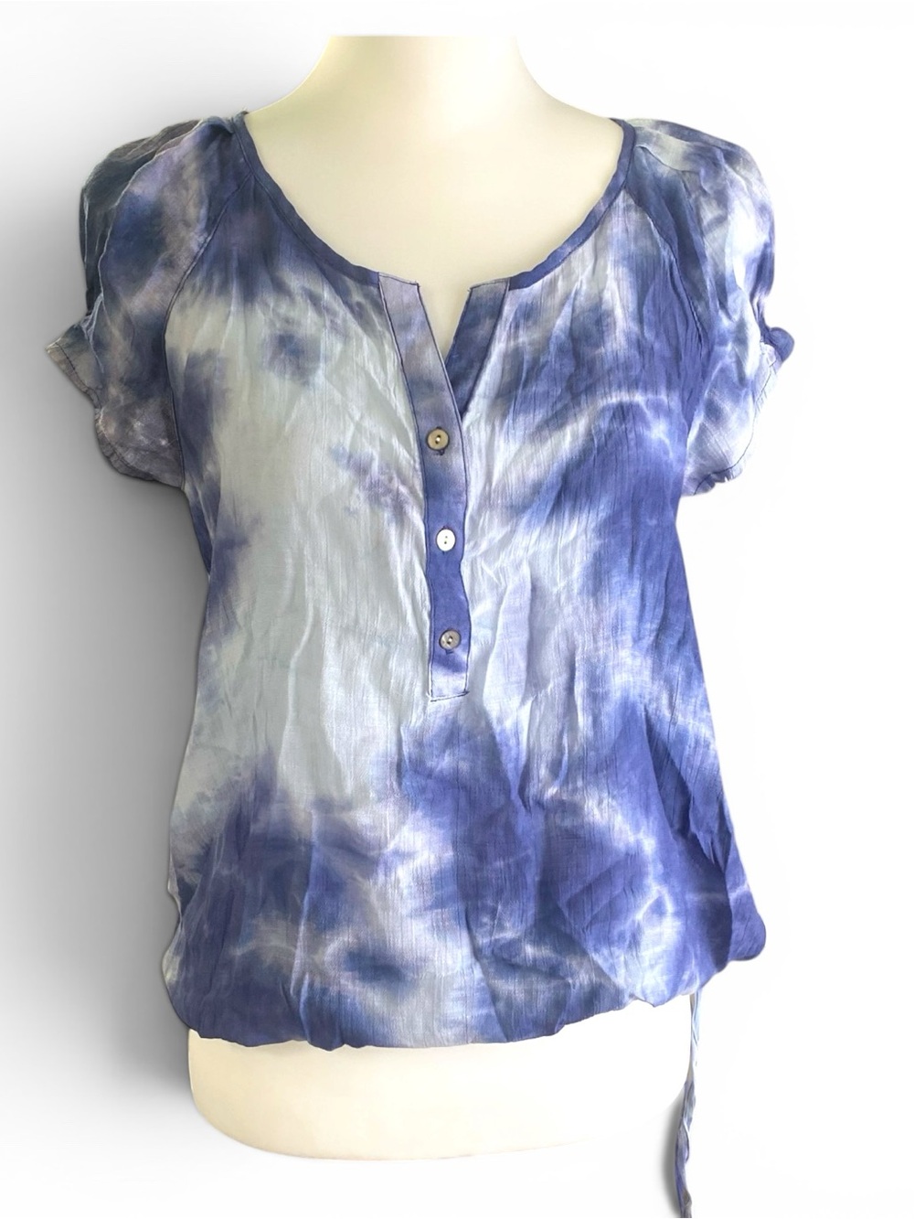 Brina & Em Blue Tie Dye Boho Peasant Top, S. Puff sleeve, Cottagecore, Boho